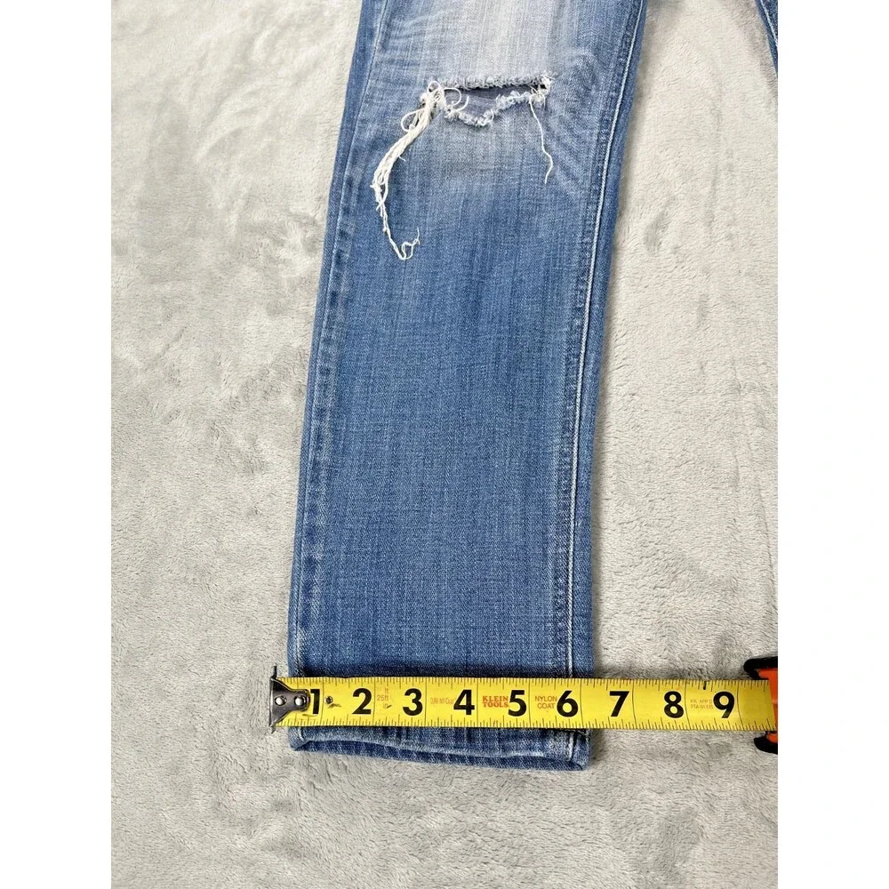 Cosmic Blue Love Distressed Jeans Womens 30x28 Midrise Ripped Slim Straight 30